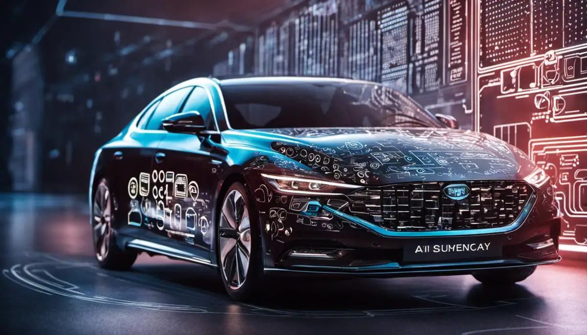 Image of a car with AI symbols in a digital backdrop representing automotive cybersecurity