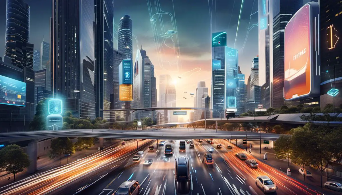 Illustration of a city with interconnected devices and traffic signals controlled by AI, representing the future of AI in traffic management.