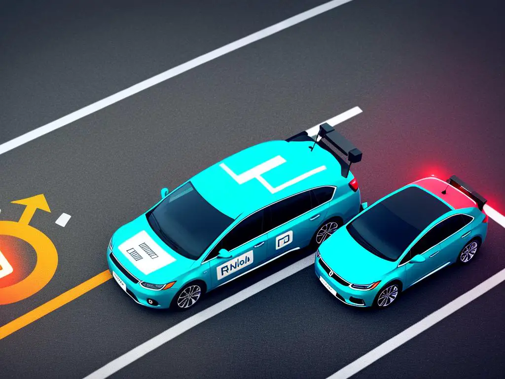 Illustration showing self-driving car on a road surrounded by abstract icons representing employment and AI technology.