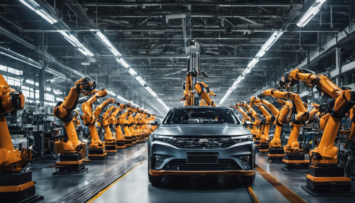 Image of AI technology in an automotive factory, showcasing robotic arms working on a car assembly line.