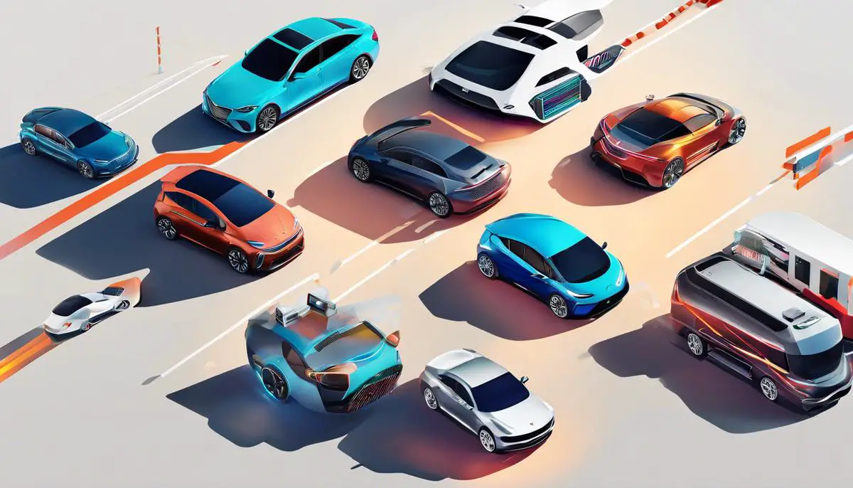 Illustration showing a fleet of AI-powered cars optimizing routes and improving efficiency.