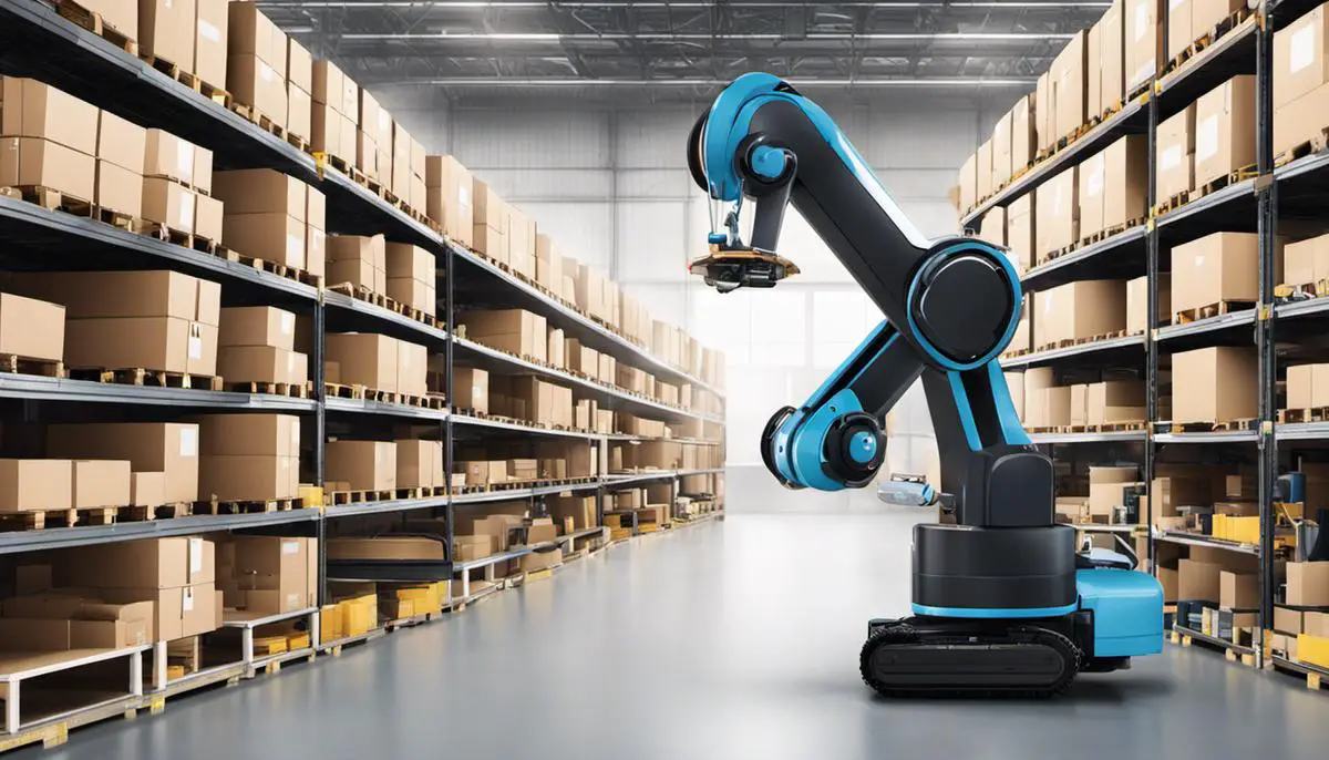 Illustration of AI in Auto Supply Chain Management, showcasing a robotic arm sorting inventory items in a warehouse environment
