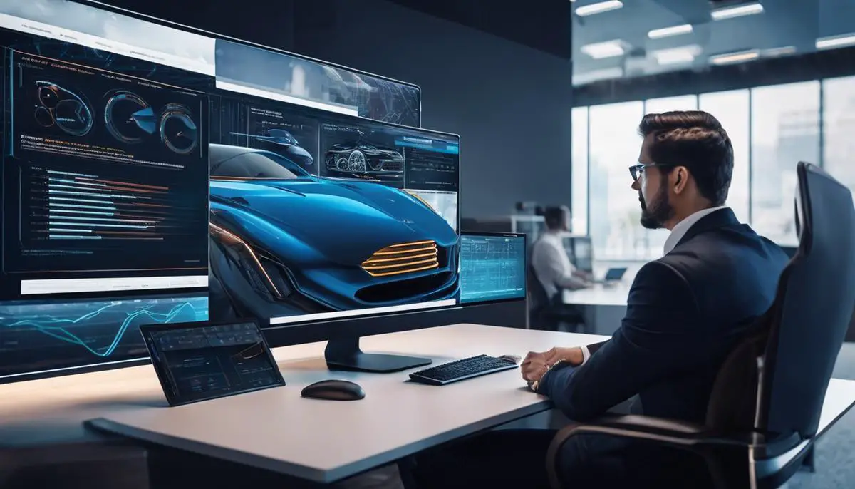 An image depicting a car rental company representative in front of a computer screen with advanced AI technology, symbolizing the integration of AI in the industry.