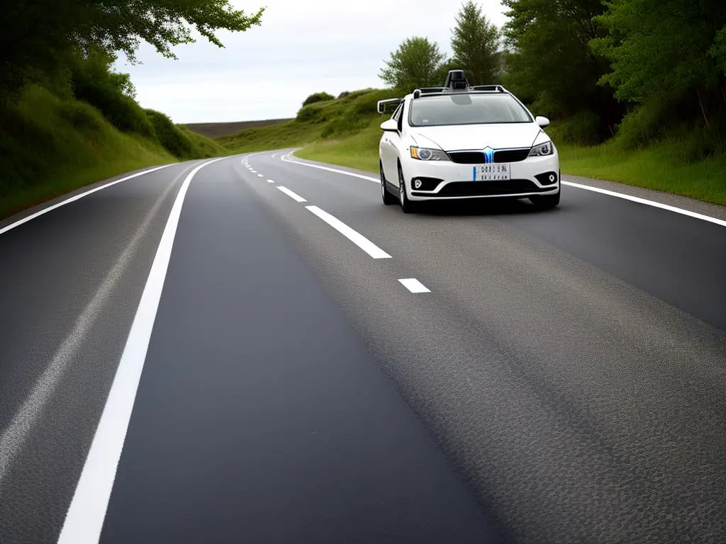 An image showing a self-driving car navigating a road.