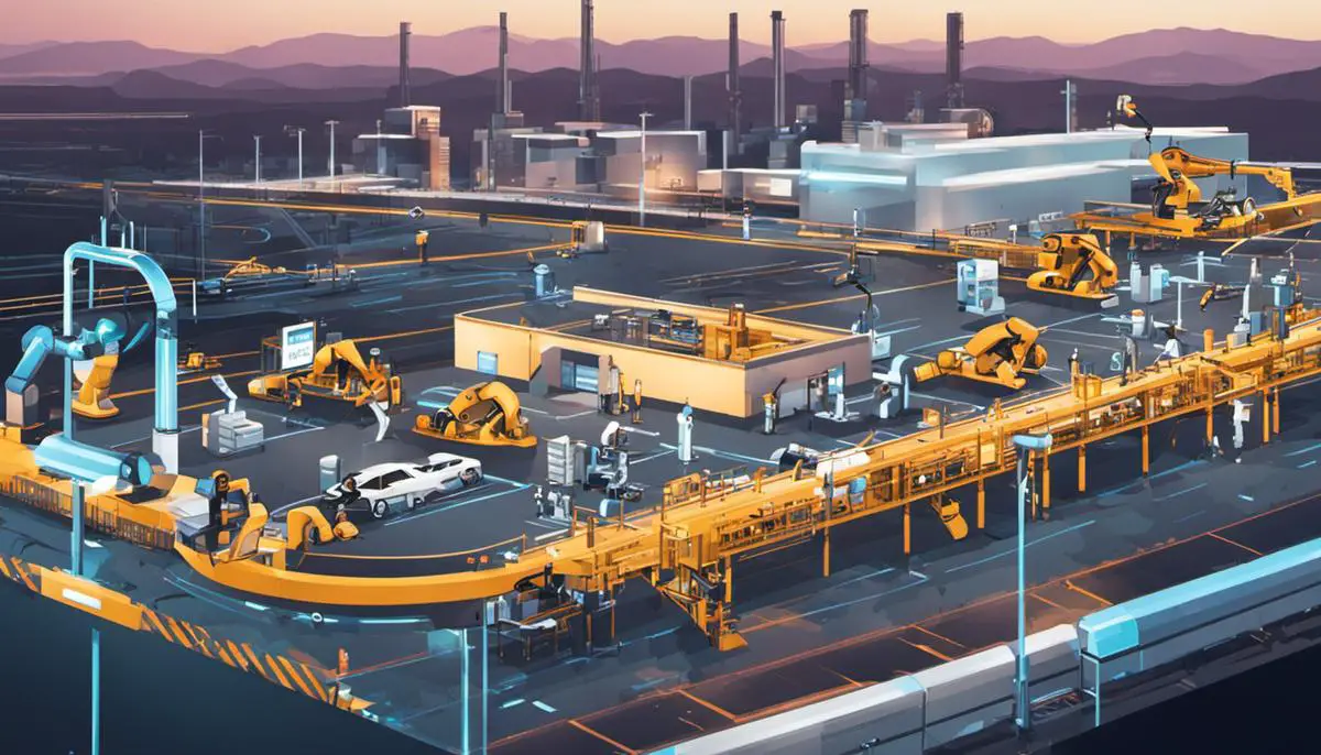 Illustration of AI technology being used in an automotive supply chain, depicting a factory assembly line with robots and data analytics symbols.