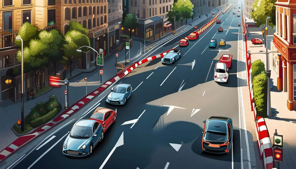 Illustration showcasing cars on a road with traffic lights